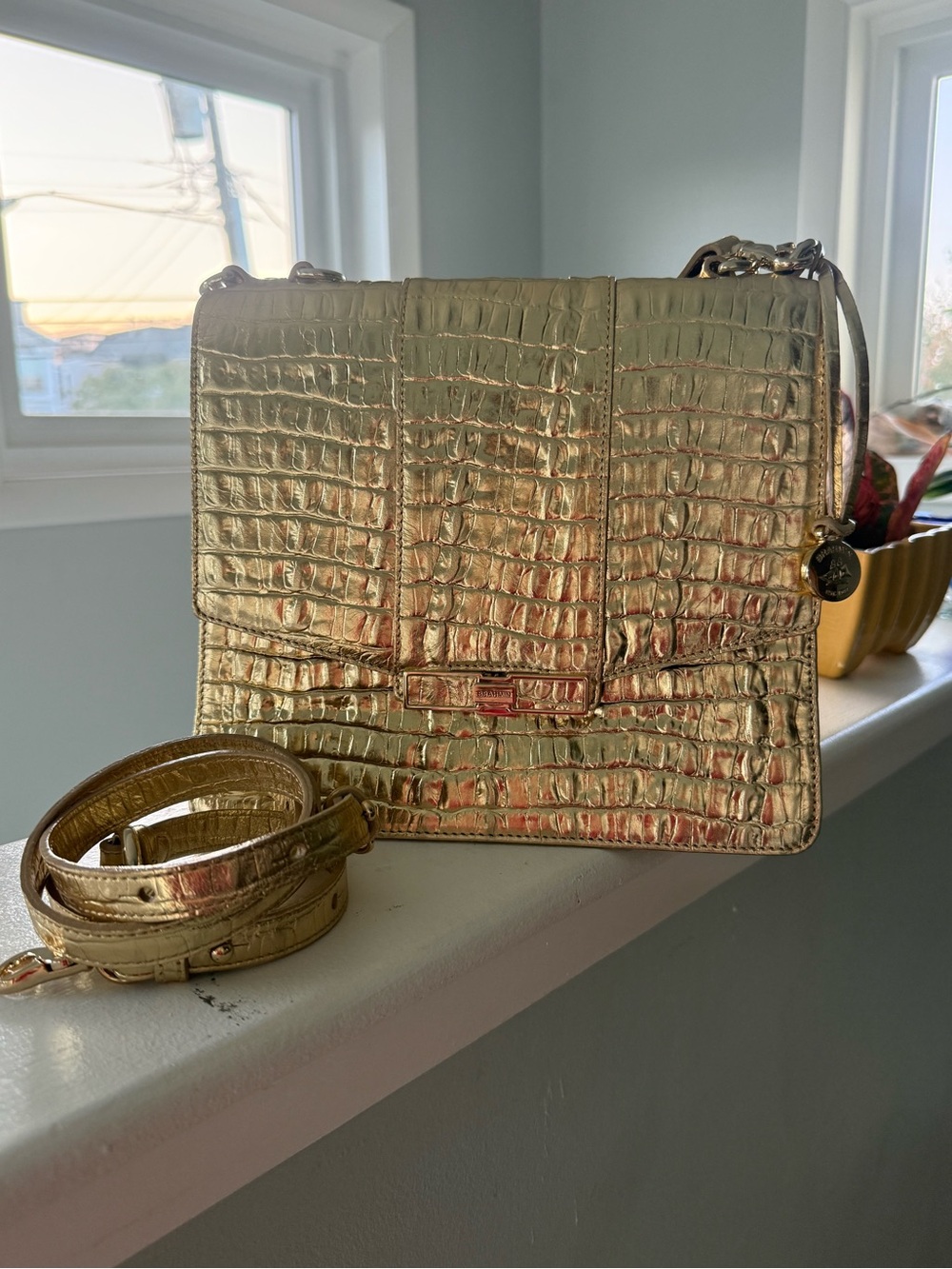 Brahmin Gabriella Metallic Gold Croc Embossed Leather Shoulder Crossbody Bag - Picture 2 of 15